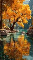Beautiful autumn landscape with orange trees reflecting in a calm lake surrounded by mountains photo