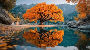 Vibrant autumn tree reflects in calm water at a scenic lakeside location during sunset photo