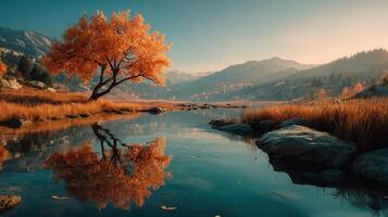 Autumn sunset reflects off calm water with vibrant orange tree in serene landscape photo