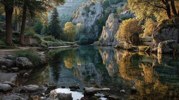 Beautiful autumn landscape with tranquil river reflecting trees and rocks in a serene setting photo