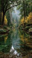 Serene river flowing through a lush forest during autumn with vibrant foliage reflecting on calm waters photo