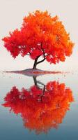 Bright orange tree reflects on calm water during sunset at tranquil lake setting photo