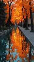 Vibrant autumn foliage reflects in calm water by a tree-lined walkway during a pleasant afternoon photo