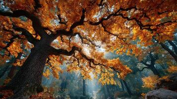 Majestic autumn forest showcasing vibrant orange leaves and sun rays filtering through the trees during a calm morning photo