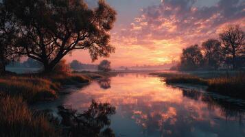 Serene sunrise over a tranquil river with reflections in a quiet natural setting photo