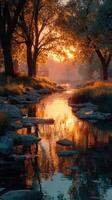 Serene sunset reflection on a tranquil stream surrounded by trees in a peaceful nature setting photo
