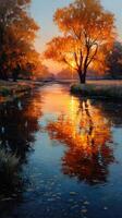 Vibrant sunset over a tranquil river surrounded by golden autumn trees in a serene landscape photo