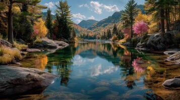 Autumn colors reflecting on a serene lake surrounded by mountains and trees in a peaceful natural landscape photo