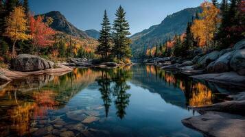 Beautiful autumn reflection in a serene mountain lake surrounded by colorful foliage in a peaceful landscape setting photo