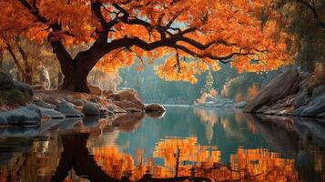 Autumn foliage reflects in serene river beneath ancient tree at tranquil location photo