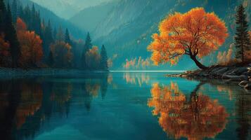 Colorful autumn tree reflecting in calm river surrounded by mountains in tranquil nature setting photo