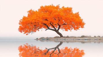 Vibrant orange tree reflecting on calm water in serene landscape during autumn season photo