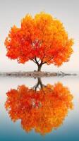 Vibrant autumn tree reflected on calm water during misty sunrise in tranquil natural setting photo