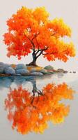 Vibrant autumn tree reflecting on still water at a peaceful lakeside setting photo