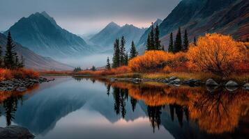 Autumn landscape with misty mountains and vibrant orange foliage reflecting in a serene lake during early morning hours photo