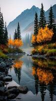 Majestic autumn landscape with vibrant trees and serene water reflecting mountainous backdrop in a peaceful setting photo