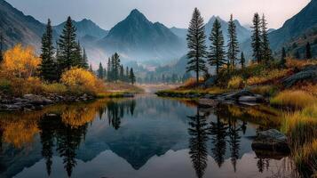 Stunning autumn landscape with mountains reflecting in tranquil lake at dawn photo
