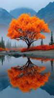 vibrante naranja árbol reflejando en calma agua con montañas y niebla en el antecedentes durante otoño en un sereno natural paisaje foto