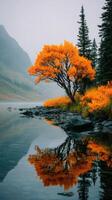 Autumn colors reflect in calm water at a serene lake surrounded by mountains photo