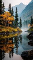 hermosa otoño paisaje con reflexiones en un sereno río rodeado por montañas foto