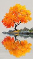 Vibrant orange tree beside tranquil water with reflections in autumn setting photo