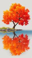 Vibrant autumn tree reflects in calm water at serene lakeside during tranquil sunset photo
