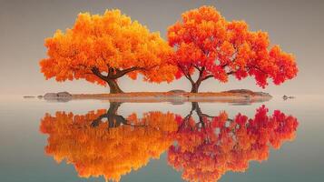 Vibrant autumn trees reflecting in calm water at sunrise in a serene landscape photo