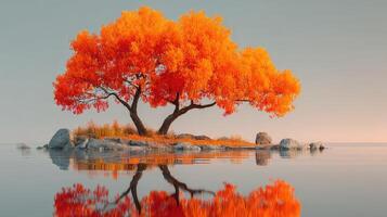 Bright orange tree stands alone on a serene lake at sunrise reflecting fall colors in the tranquil water photo