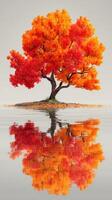 Vibrant autumn tree stands alone on an island, reflecting in still water during a calm and serene evening photo