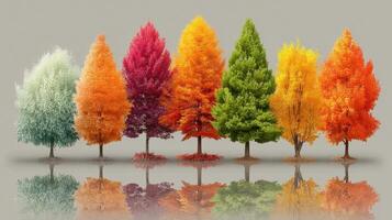 Colorful autumn trees in a row reflecting in calm water at sunset photo