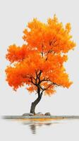 Vibrant orange tree stands alone by calm water reflecting autumn colors amidst a serene landscape in tranquil daylight photo