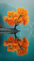 Vibrant orange tree stands alone by a serene lake showcasing beautiful autumn colors in a peaceful landscape photo