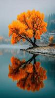 Vibrant autumn tree reflecting in calm lake near serene village on a foggy morning photo