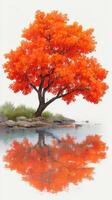 Vibrant orange tree reflects on calm water near grassy shore during autumn in a serene landscape photo