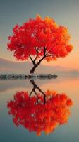 Vibrant autumn tree reflects on tranquil water at dawn in a serene landscape photo
