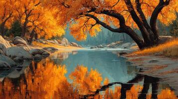 Autumn landscape by a serene river with vibrant orange trees reflecting in the water at golden hour photo