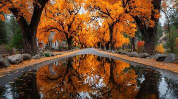 Colorful autumn trees line a tranquil road with reflections in puddles beneath a vibrant canopy photo