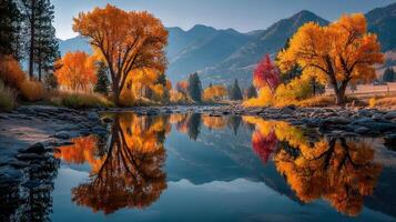 Colorful autumn trees reflect in calm river water under mountain sky during sunset photo