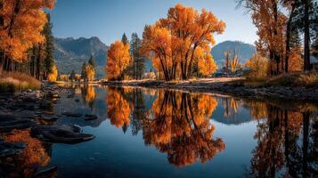 Vibrant autumn colors reflect in calm river under clear blue sky in a tranquil mountain landscape photo