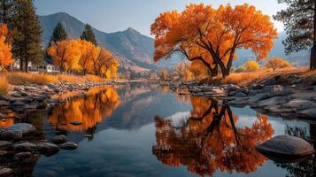 Autumn foliage reflects on tranquil river surrounded by mountains at sunset photo