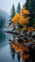 Shores lined with vibrant autumn trees reflecting in a tranquil lake at dawn in a misty mountainous region photo