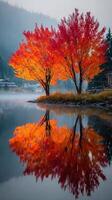 Colorful autumn trees reflect on calm water in a serene lakeside landscape at dawn photo
