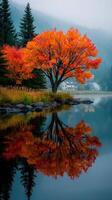 Autumn foliage reflects on serene lake with distant house and misty mountains in early morning light photo
