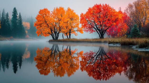 Vibrant autumn trees reflecting in calm water during early morning fog at a serene lakeside photo