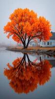 Vibrant autumn tree reflects in calm water during early morning fog near a rustic house photo