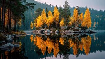 Vibrant autumn colors reflecting in a tranquil lake surrounded by forests at sunset photo