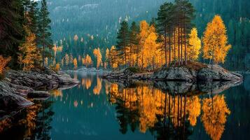 Autumn landscape reflected in calm water showcasing vibrant trees and serene surroundings in a secluded location photo