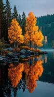 Golden autumn foliage reflects in calm lake water surrounded by dark forested hills at dawn in a tranquil natural setting photo
