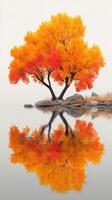 Vibrant autumn tree reflecting in calm water at sunrise near a serene lake photo