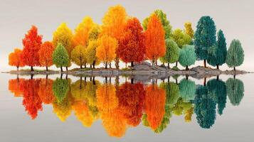 Vibrant autumn trees reflecting on calm water surface at a serene lake photo